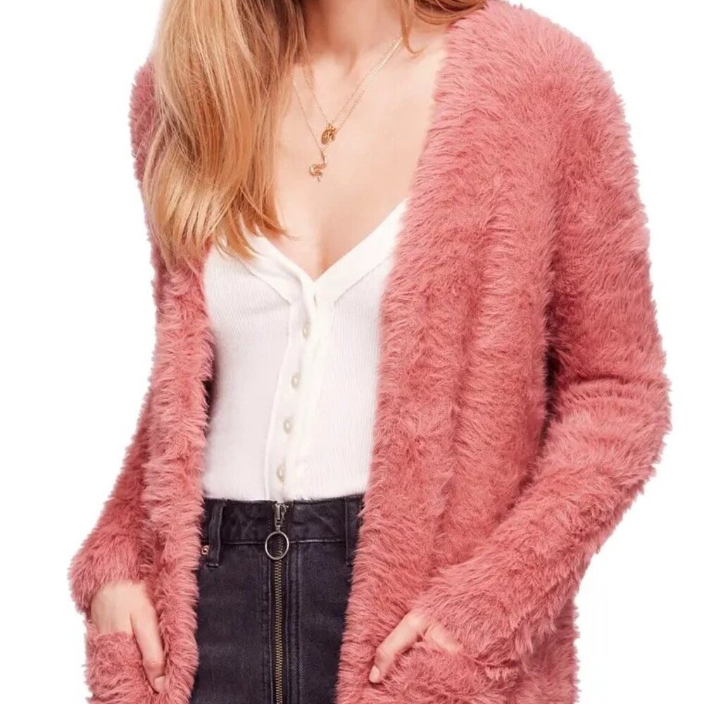 Free People Womens Fuzzy Open Front Cardigan Size XS Dusty Rose Cozy Soft